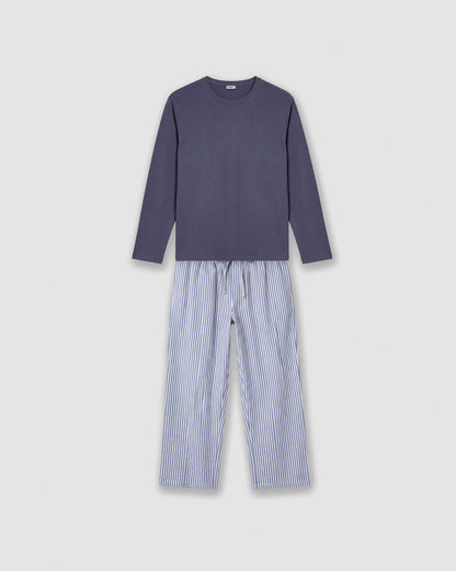 Pijama largo algodón rayas oxford azul