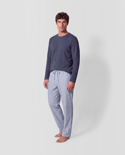 Pyjama long coton rayures oxford bleu