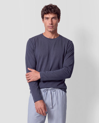 Pyjama long coton rayures oxford bleu