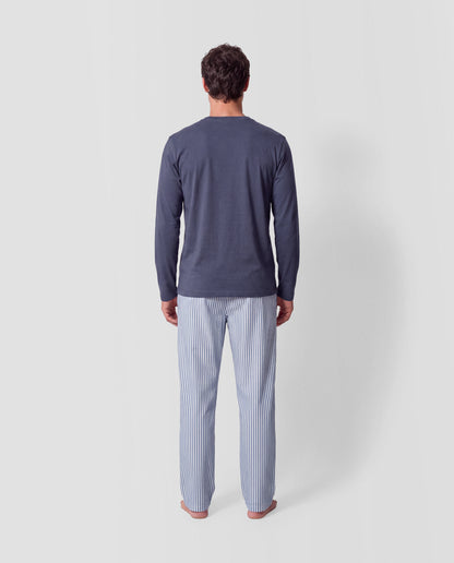 Pyjama long coton rayures oxford bleu