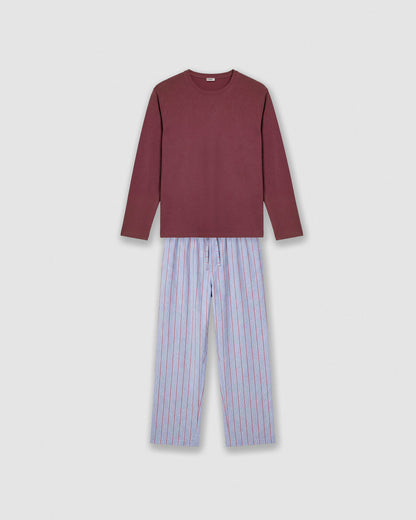 Pijama largo de algodón raya ciel burdeos