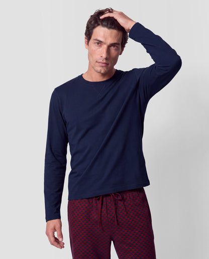 Pigiama lungo in cotone Silvestre blu navy
