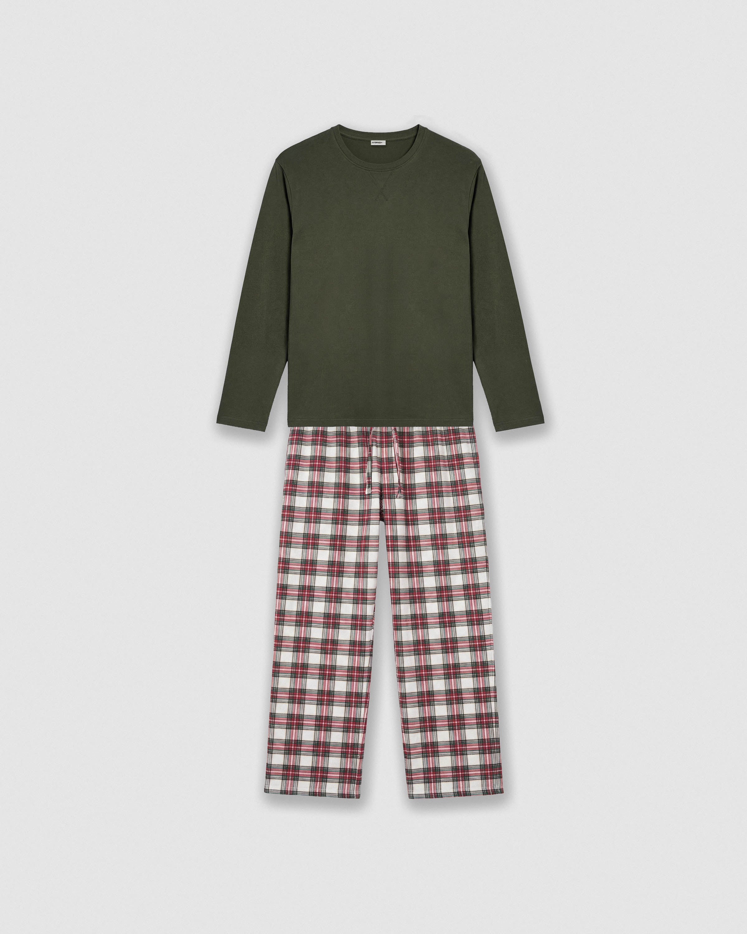 Pijama largo algodón cuadros vara verde cacería