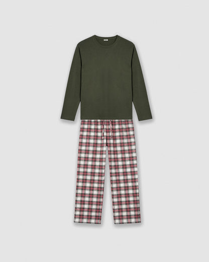 Pijama largo algodón cuadros vara verde cacería