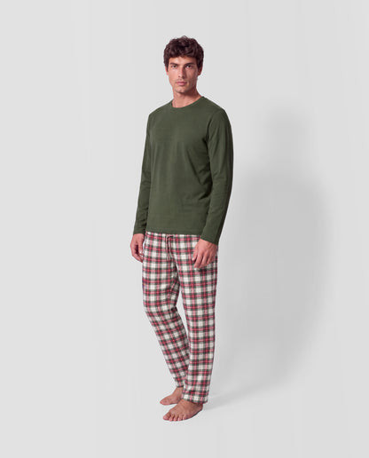 Pijama largo algodón cuadros vara verde cacería