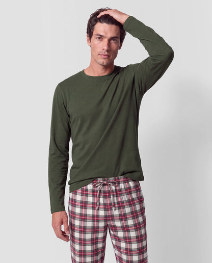 Pijama largo algodón cuadros vara verde cacería