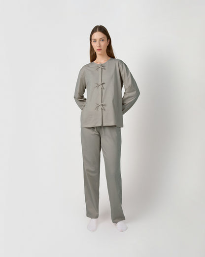 Pigiama lungo in cotone con fiocco grigio