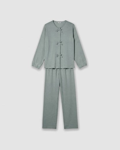 Pigiama lungo in cotone con fiocco grigio