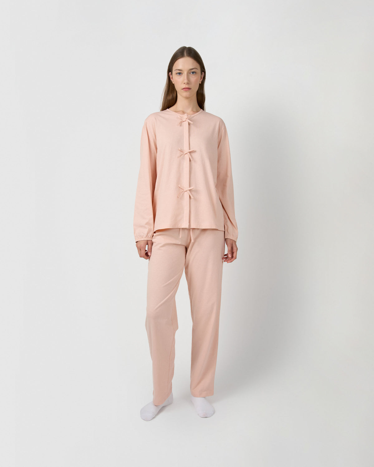 Pigiama lungo in cotone con fiocco rosa