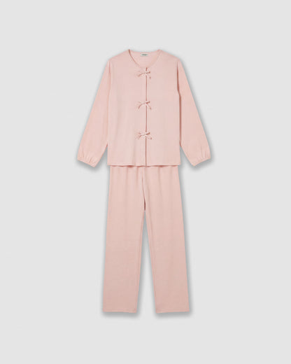 Pigiama lungo in cotone con fiocco rosa