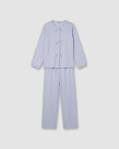 Pigiama lungo in cotone con fiocco azzurro