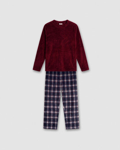 Pijama coral cuadro orena burdeos