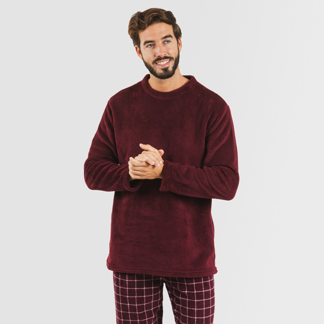 Pijama masculino de lã coral, xadrez bordô, Pruden