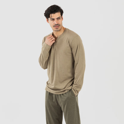 Pijama masculino comprido com botões, verde-caça - verde-escuro