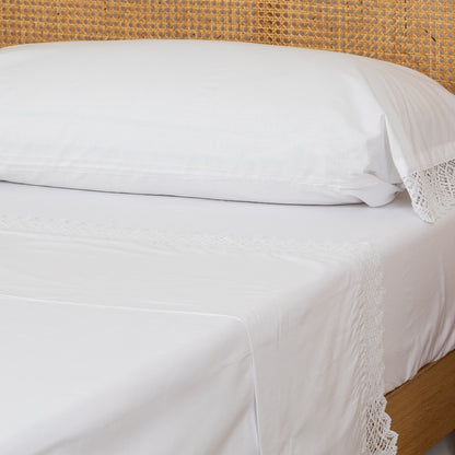 Jogo de lençóis de algodão com aplique liso branco