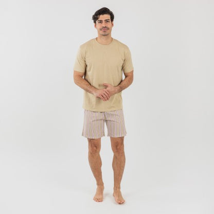 Pijama corto algodón hombre Raya Ico arena
