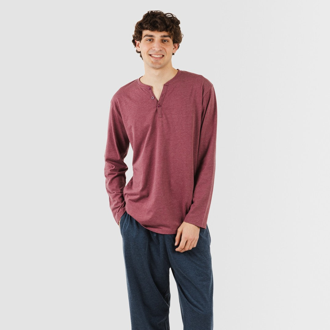 Pijama largo hombre con botones burdeos - marino