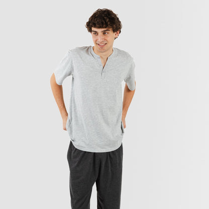 Pijama masculino de manga curta e comprida com botão de pérola - carvão