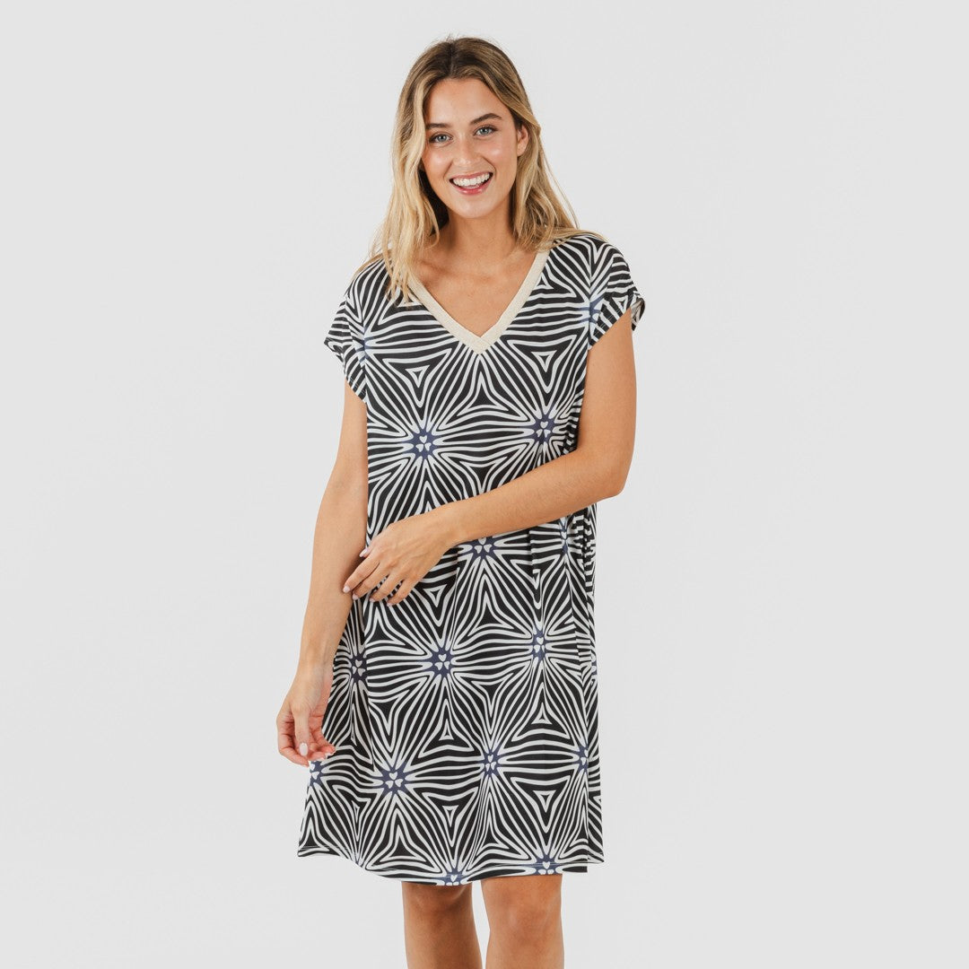 Vestido corto manga fluida soft Naty beige - negro