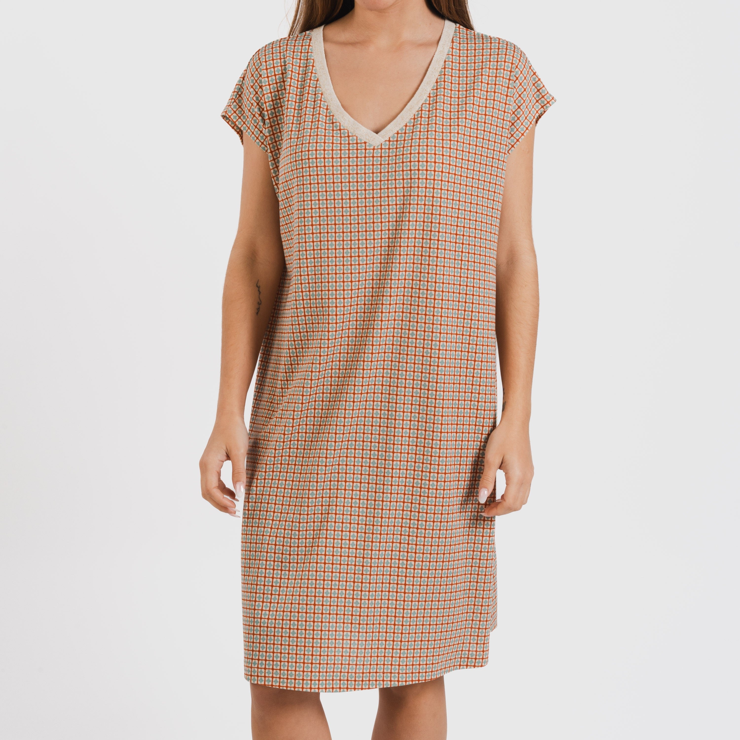 Vestido corto manga fluida crepe Tamila teja