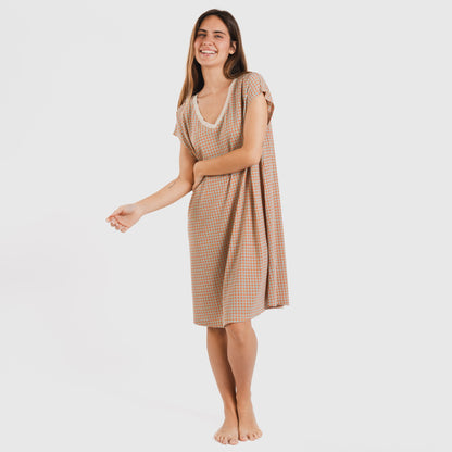 Vestido corto manga fluida crepe Tamila teja