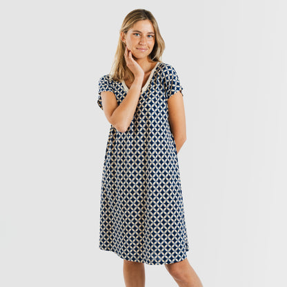 Vestido corto manga fluida crepe Ohio azul marino