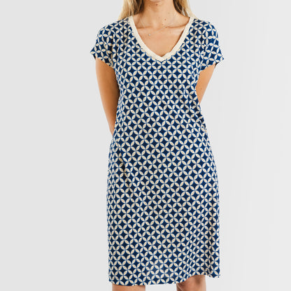 Vestido corto manga fluida crepe Ohio azul marino