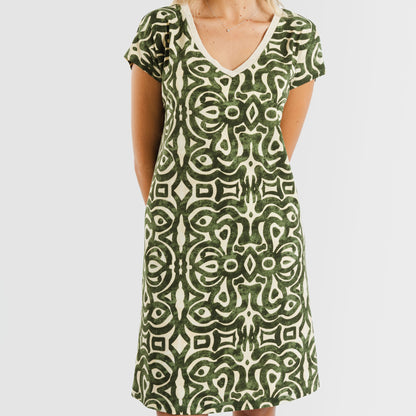 Vestido corto manga fluida crepe Premura verde caceria