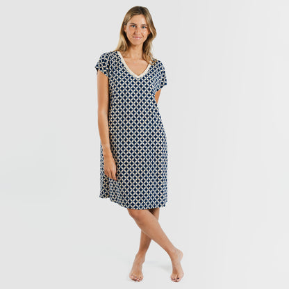 Vestido corto manga fluida crepe Ohio azul marino