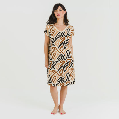 Vestido corto manga fluida crepe Domeka marrón - negro