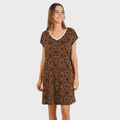 Vestido corto manga fluida crepe Liviana teja