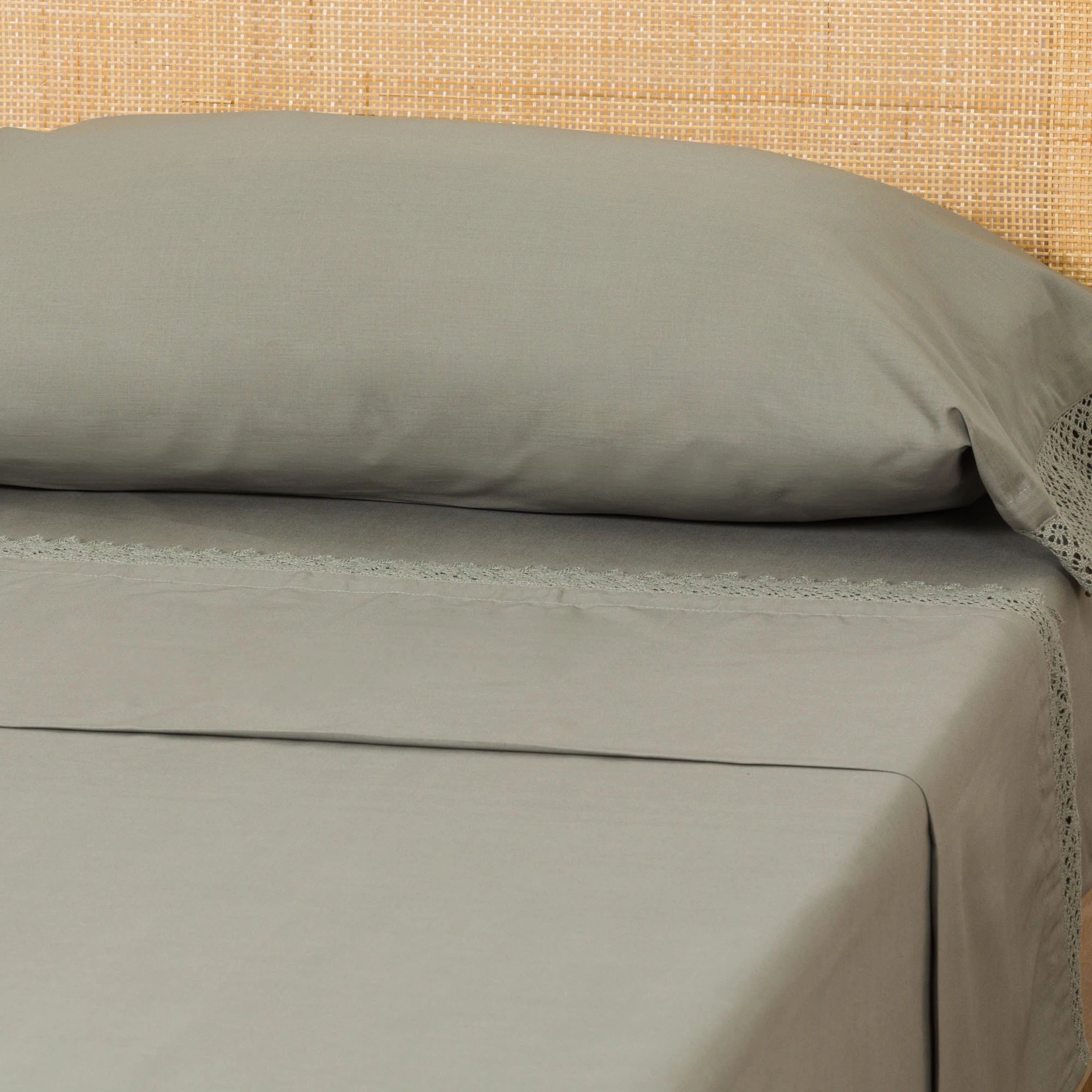 Jogo de lençóis de algodão com aplique liso verde seco