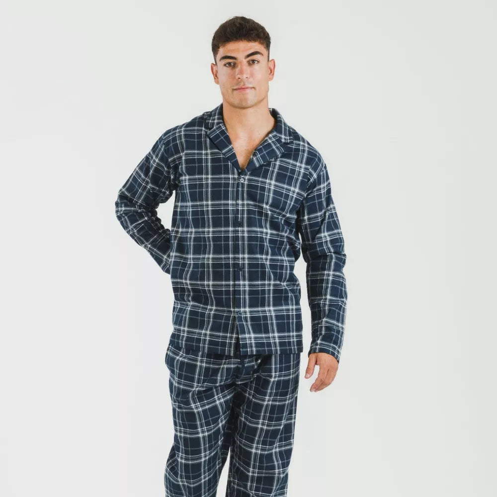 Pijama franela con solapa hombre Cuadro Brais azul