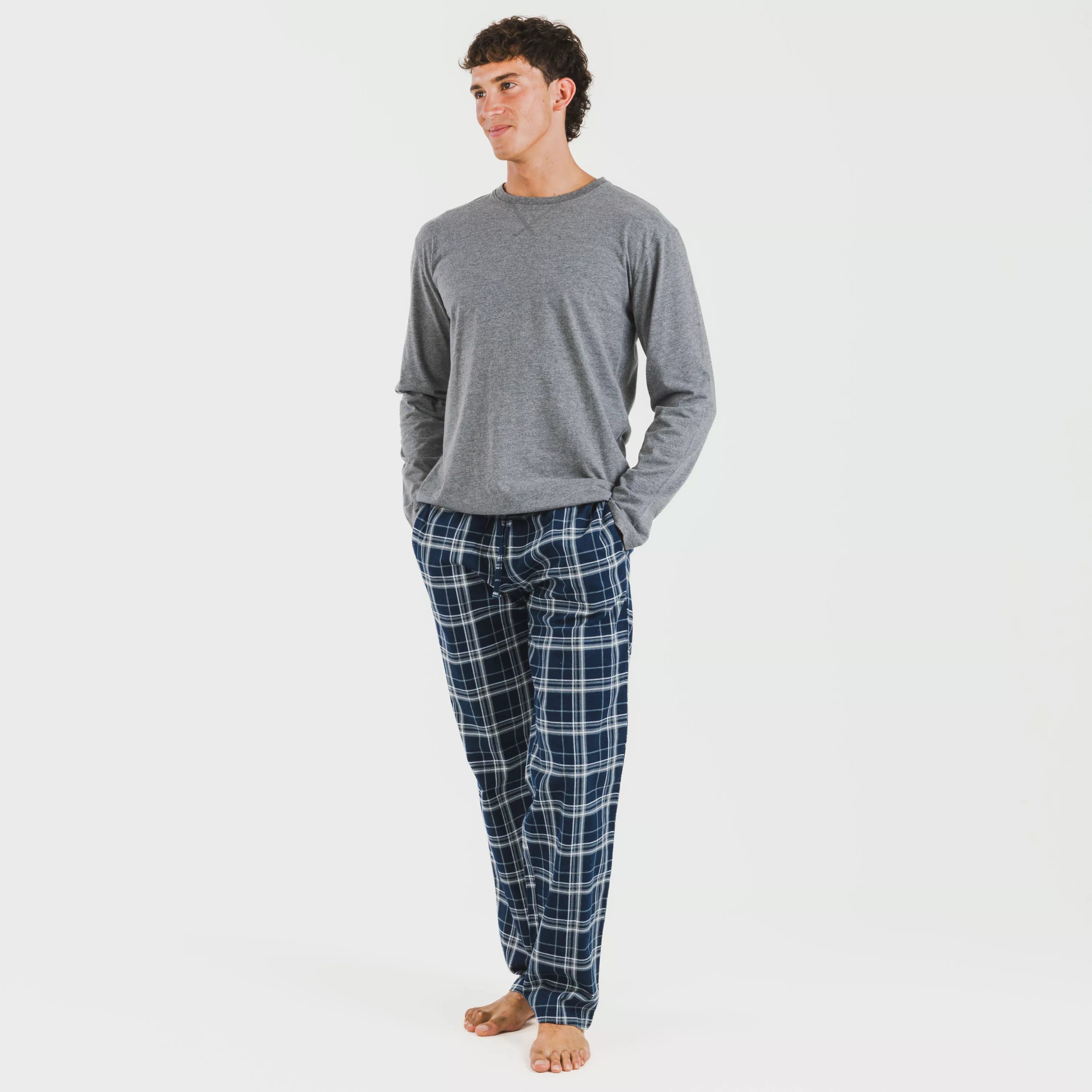 Pijama masculino de flanela, jeans xadrez cinza Brais