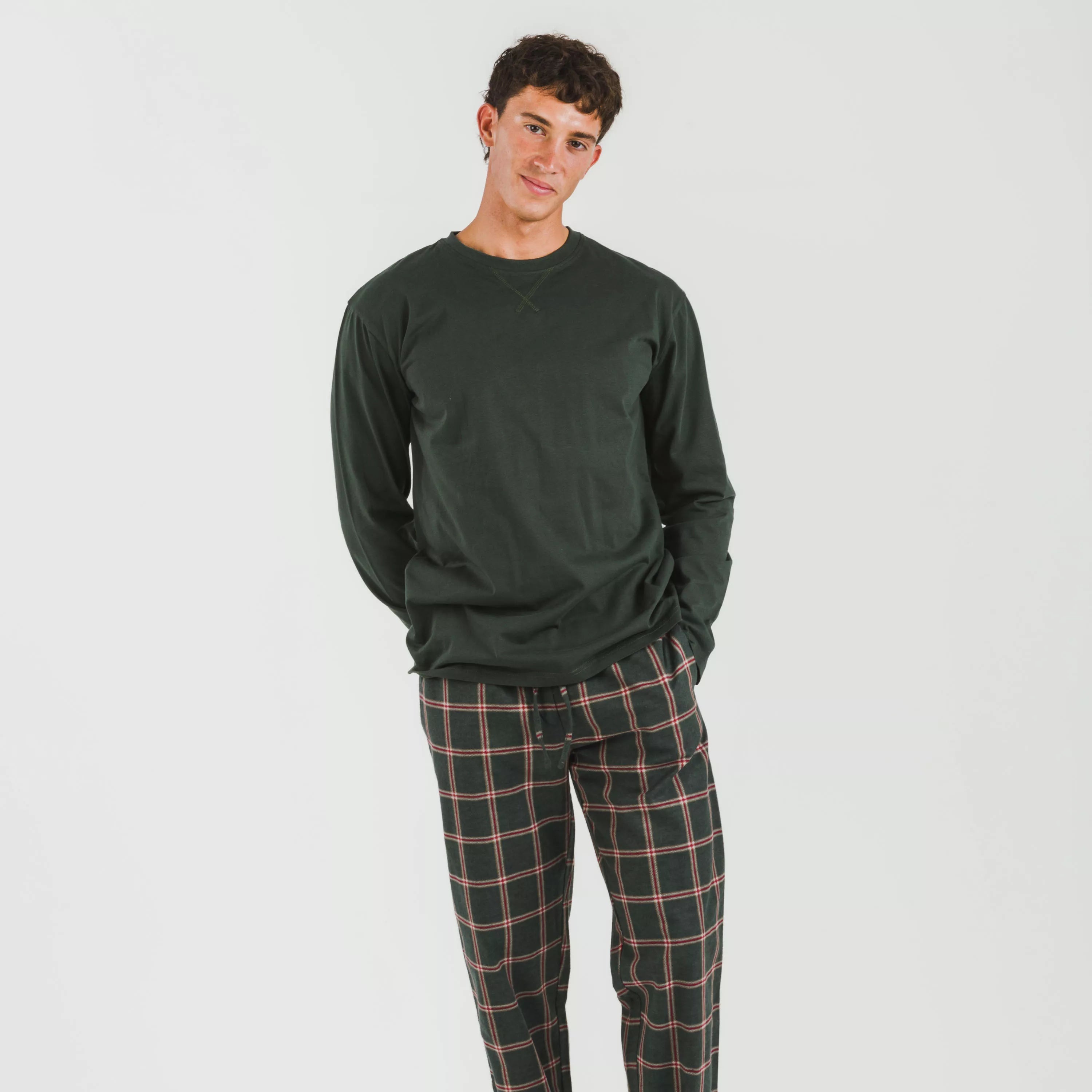 Pijama hombre franela Cuadro Nelby verde caceria