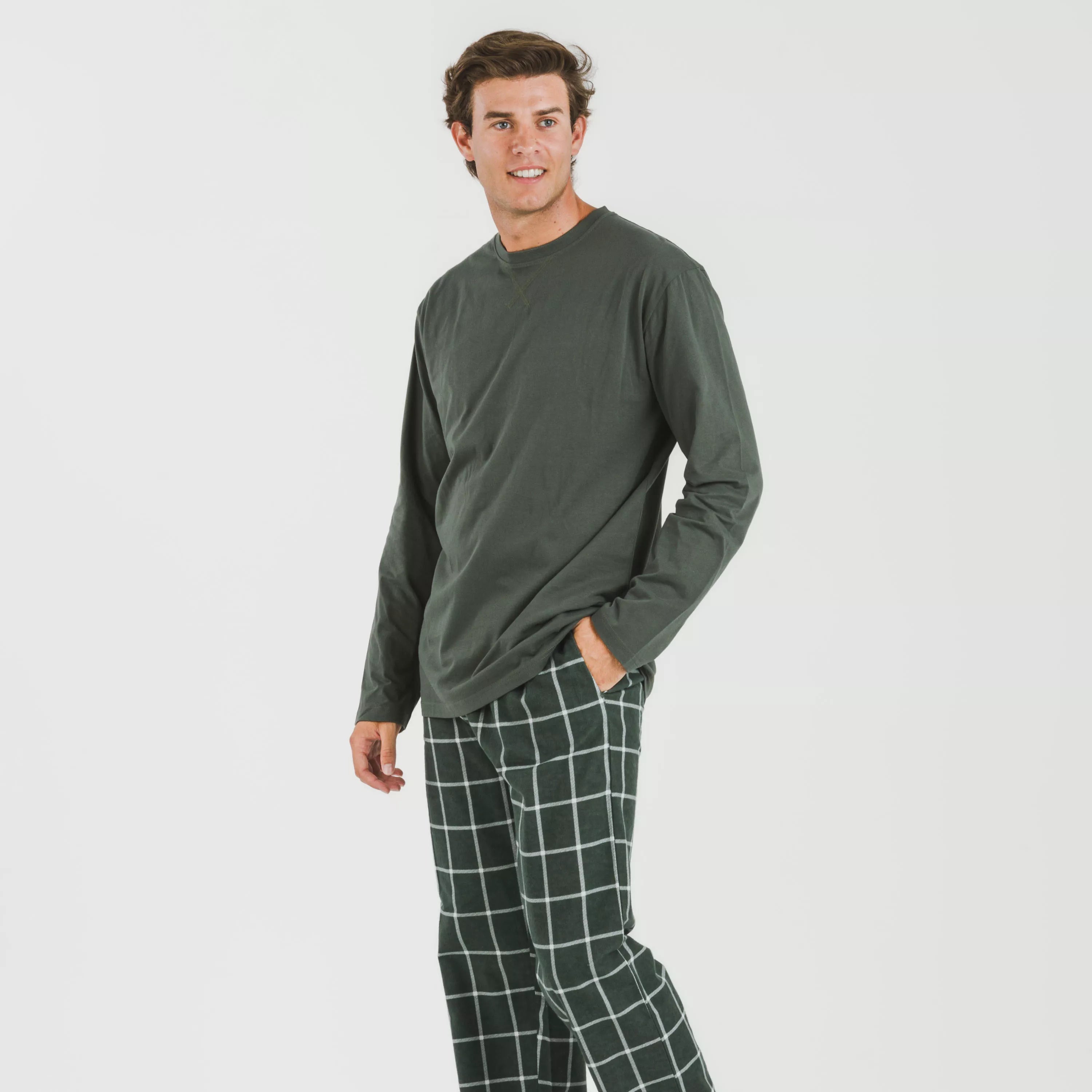 Pijama hombre franela Cuadro Andino verde caceria