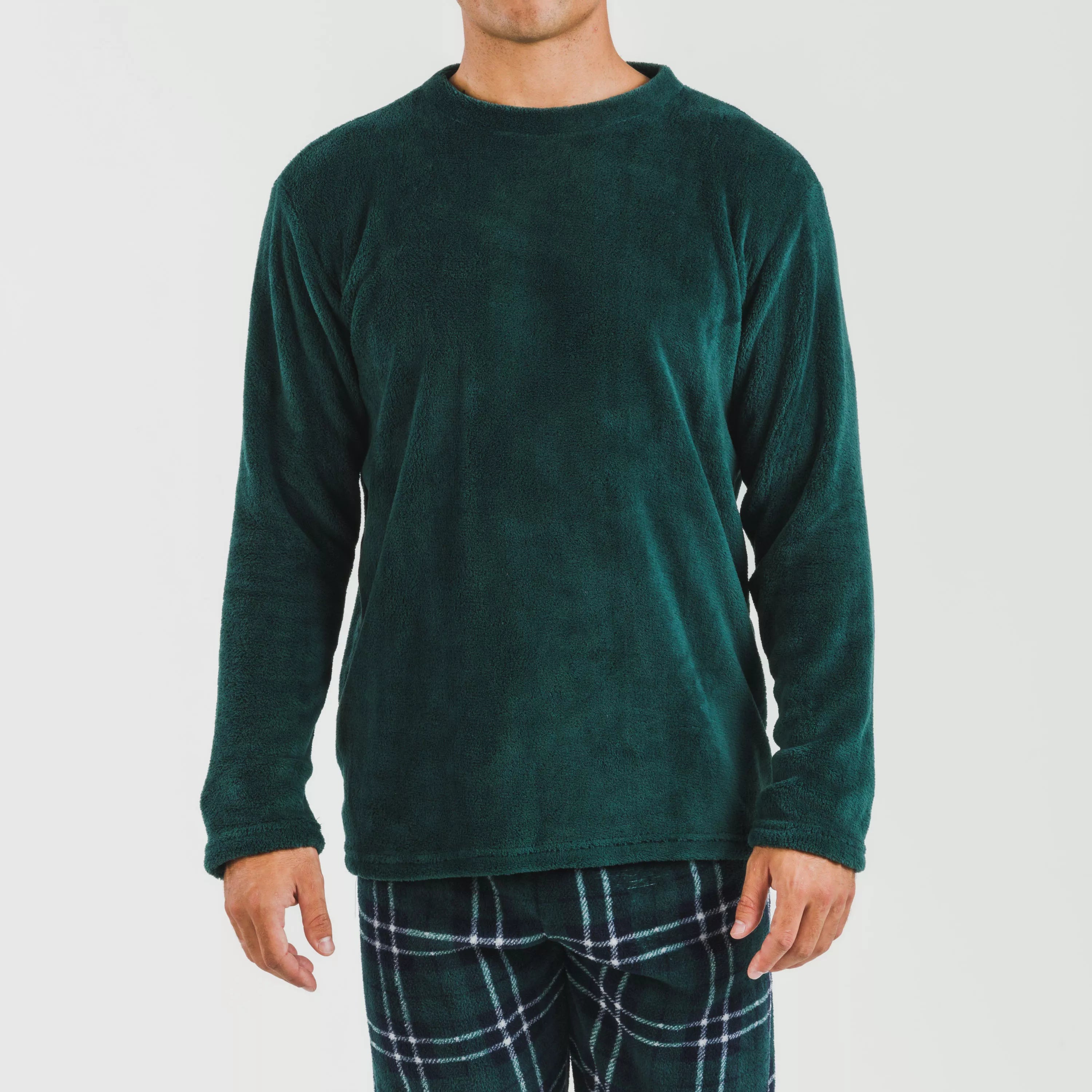 Pijama masculino de lã coral, xadrez verde Welo