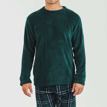 Pijama masculino de lã coral, xadrez verde Welo