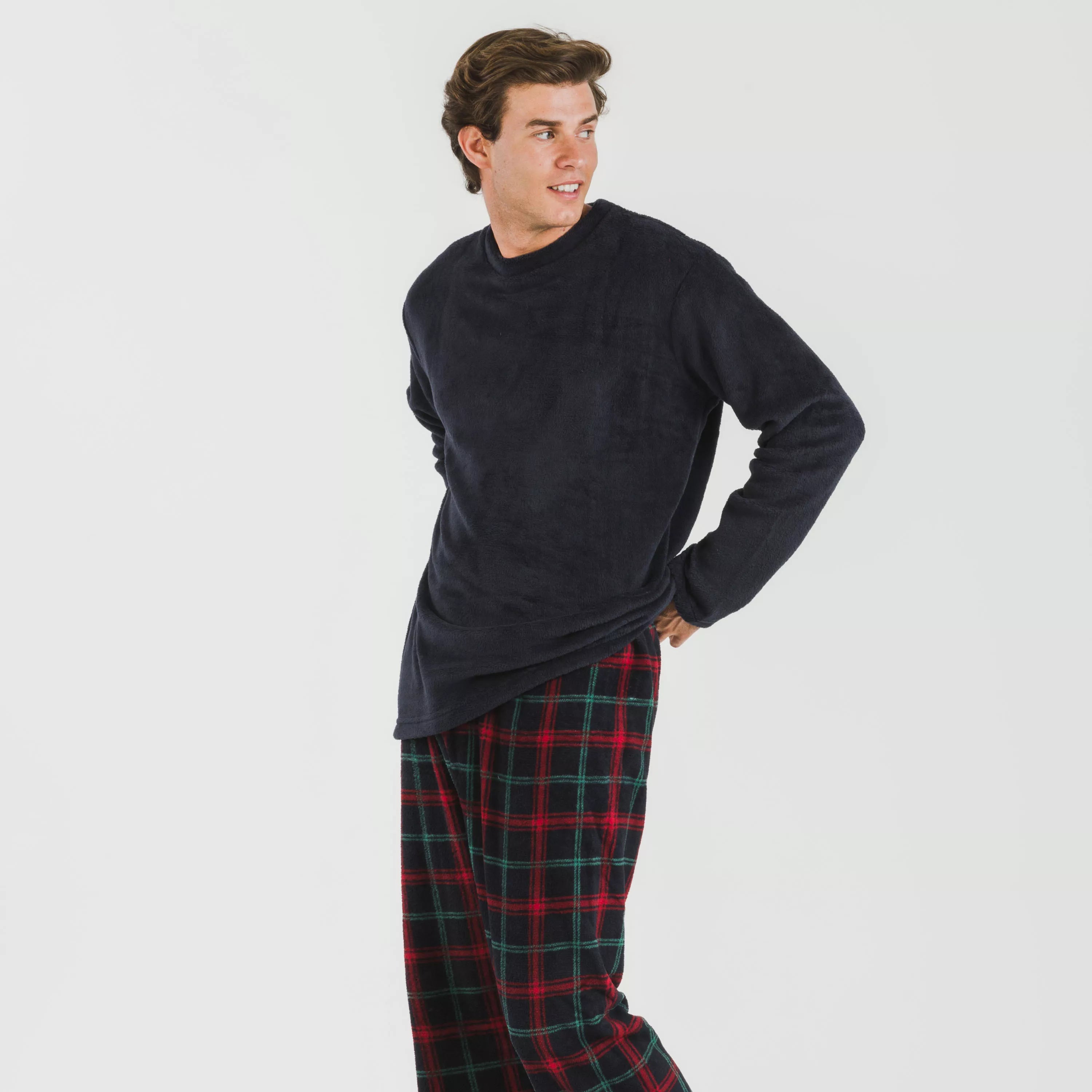 Pijama masculino de lã coral, xadrez romano azul.