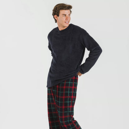 Pijama masculino de lã coral, xadrez romano azul.