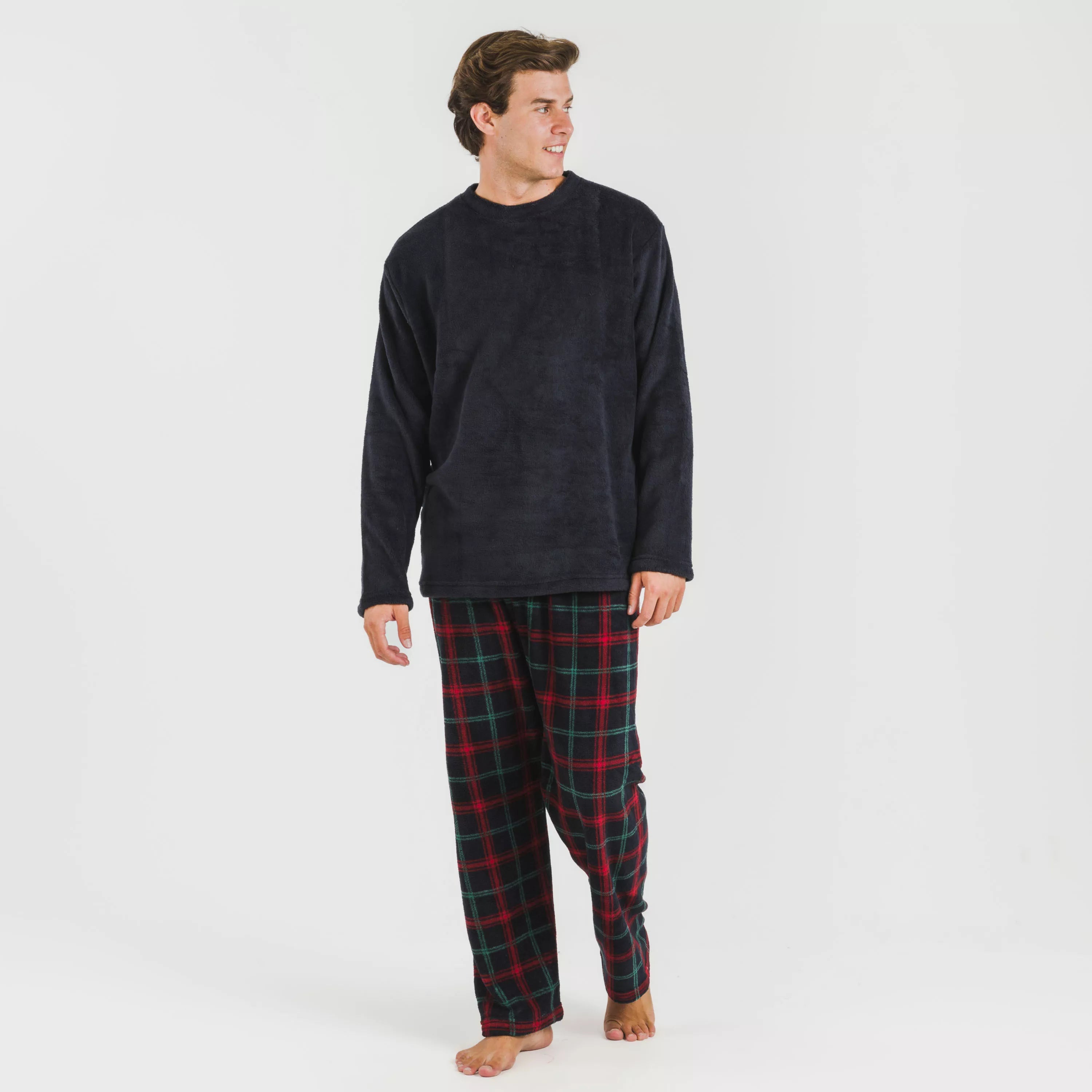 Pijama masculino de lã coral, xadrez romano azul.