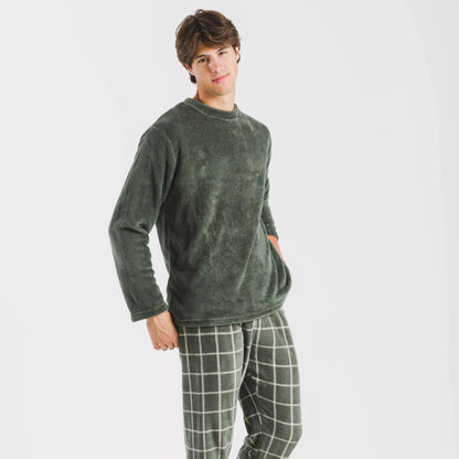 Pijama masculino de lã coral, estampa andina verde, estilo caça.