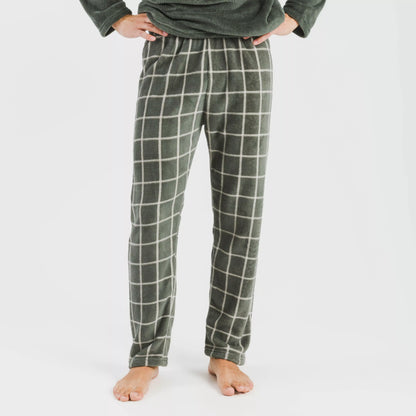 Pijama masculino de lã coral, estampa andina verde, estilo caça.