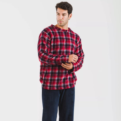Pijama masculino de lã coral, azul marinho com estampa xadrez Cocoro.