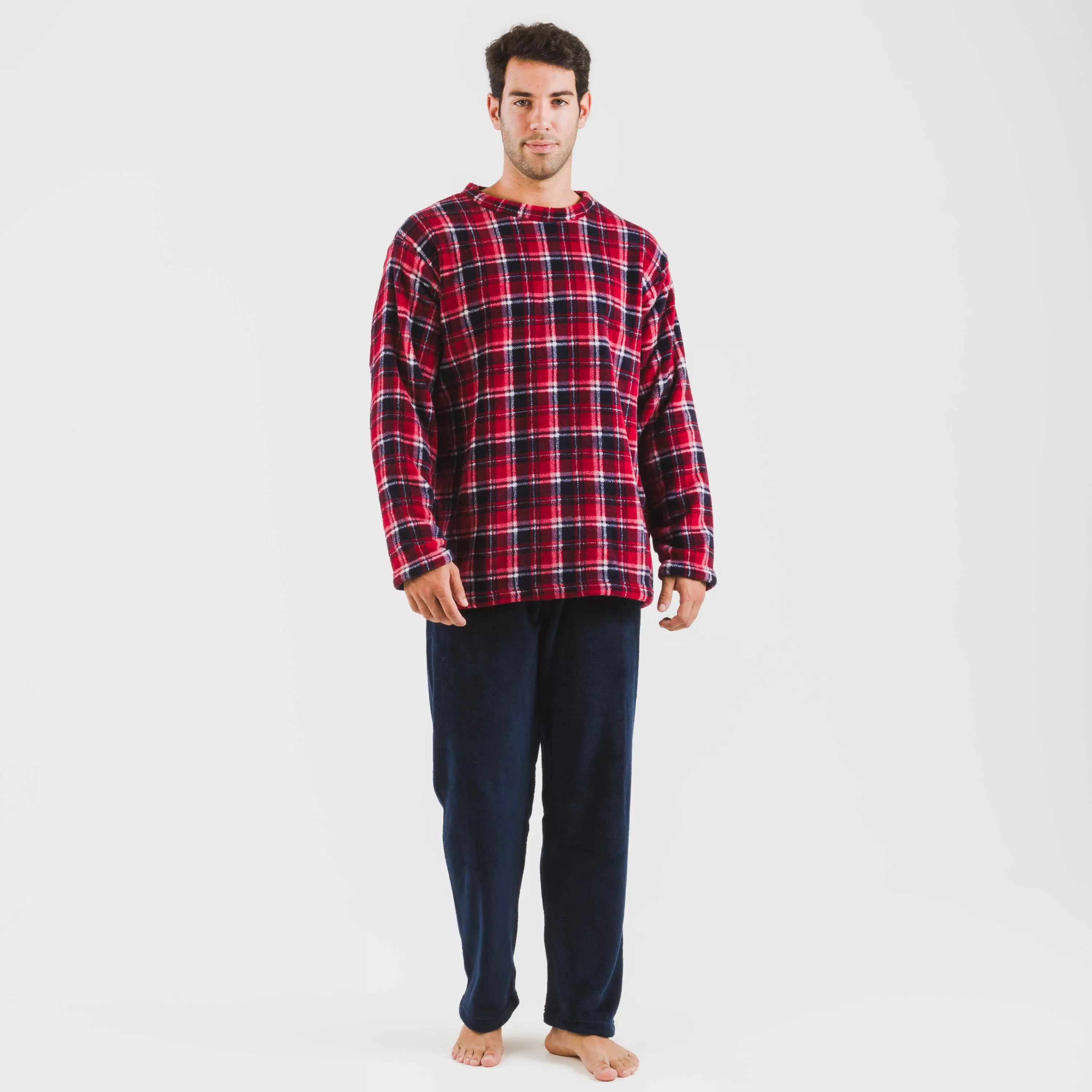 Pijama masculino de lã coral, azul marinho com estampa xadrez Cocoro.