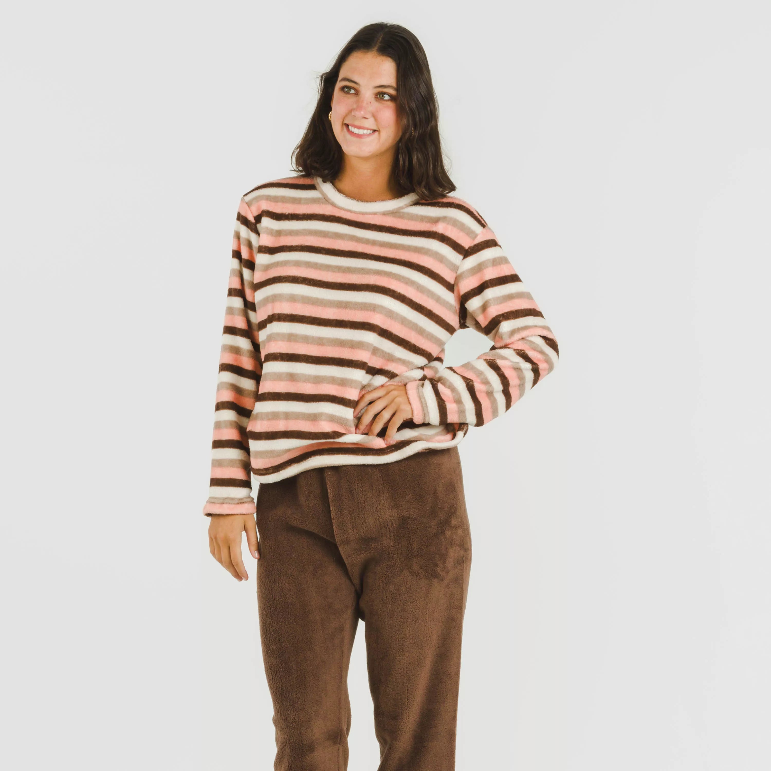 Pijama Norma cor chocolate com listras coral