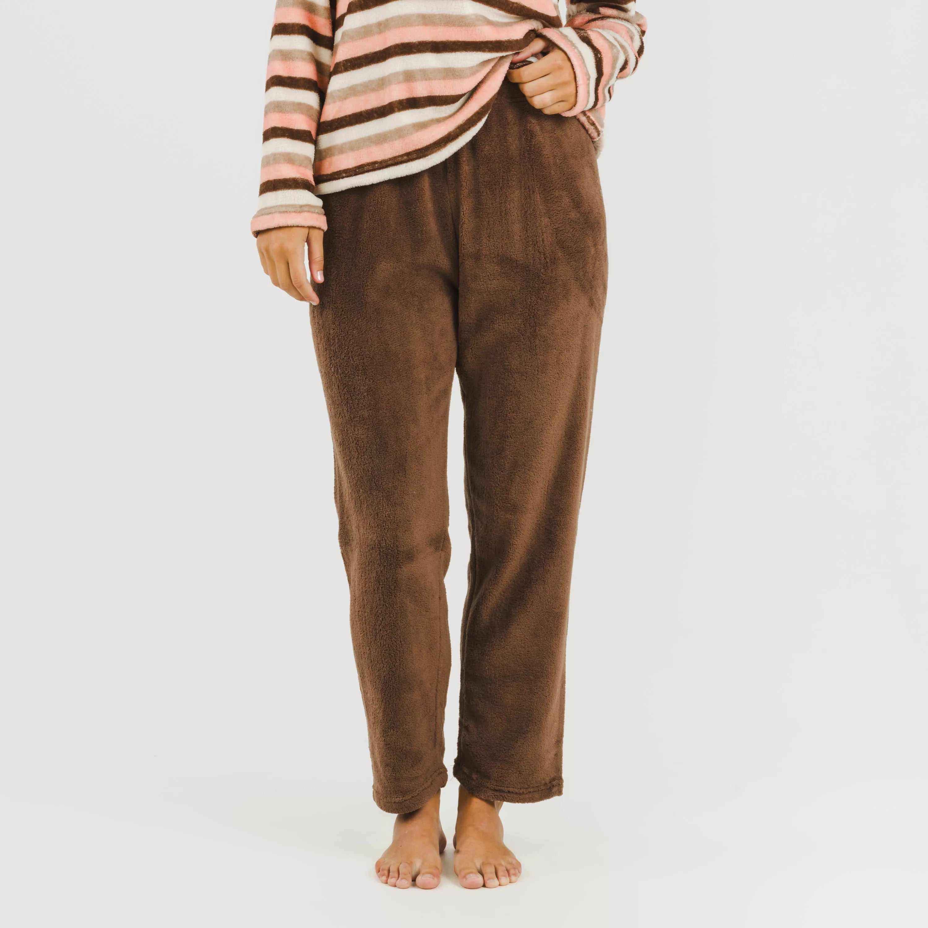 Pijama Norma cor chocolate com listras coral