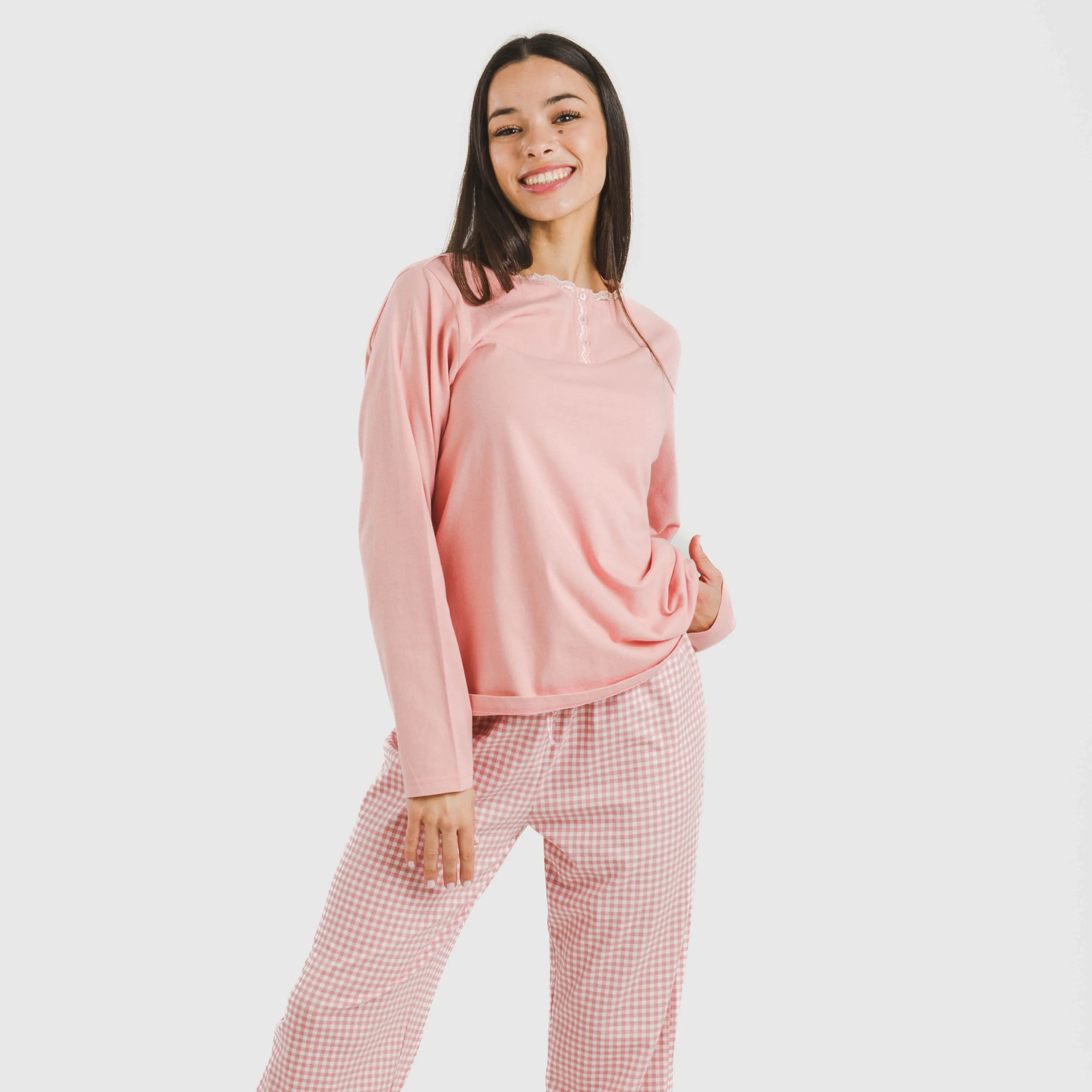 Pijama comprido de algodão, xadrez vichy rosa