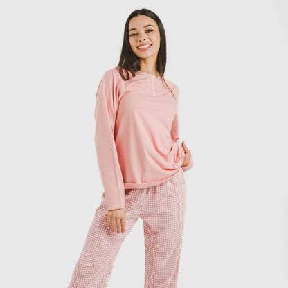 Pijama comprido de algodão, xadrez vichy rosa