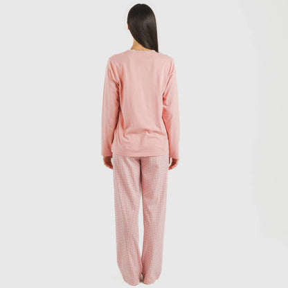Pijama comprido de algodão, xadrez vichy rosa